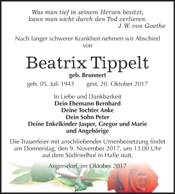 Traueranzeige von Beatrix Tippelt von Mitteldeutsche Zeitung Halle/Saalkreis