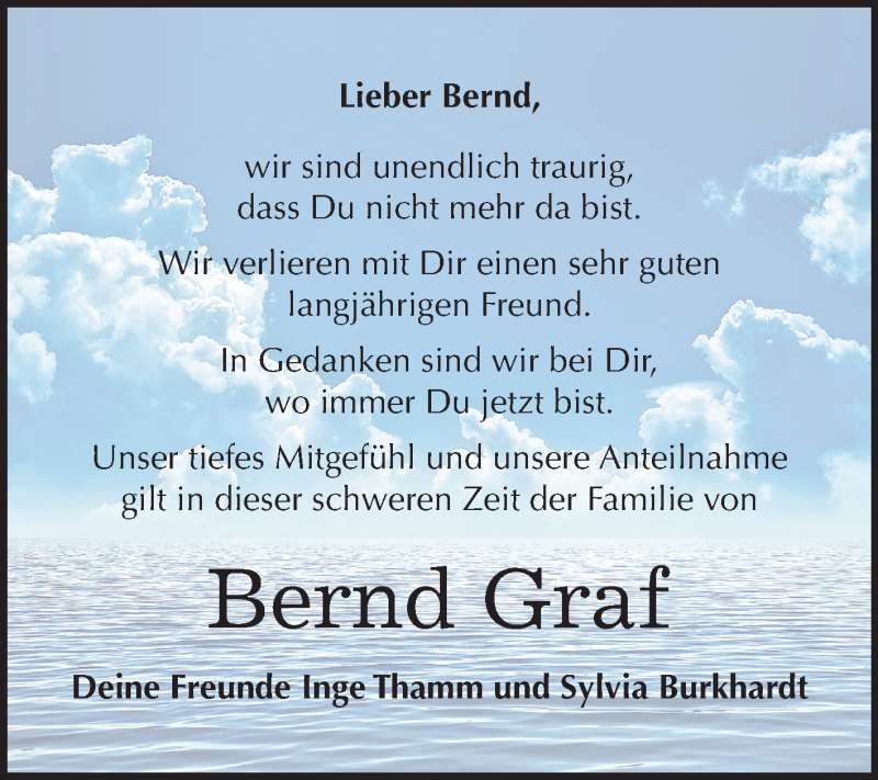  Traueranzeige für Bernd Graf vom 07.10.2017 aus Mitteldeutsche Zeitung Merseburg/Querfurt