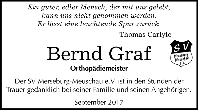  Traueranzeige für Bernd Graf vom 07.10.2017 aus Mitteldeutsche Zeitung Merseburg/Querfurt