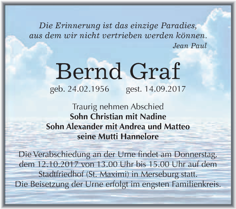  Traueranzeige für Bernd Graf vom 07.10.2017 aus WVG - Wochenspiegel Merseburg