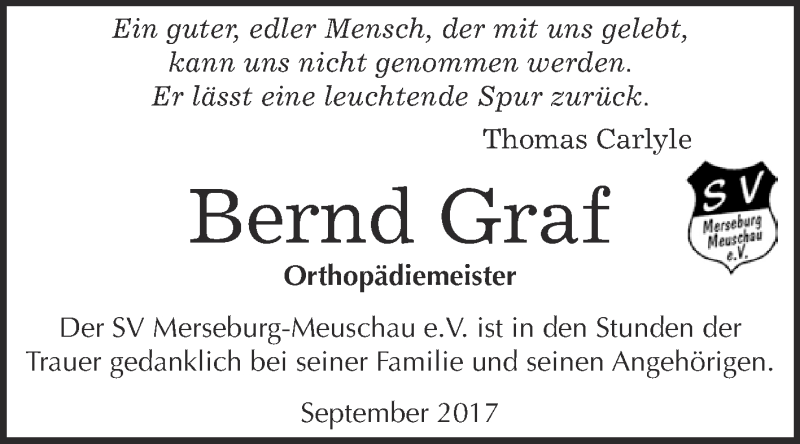  Traueranzeige für Bernd Graf vom 07.10.2017 aus Super Sonntag Merseburg