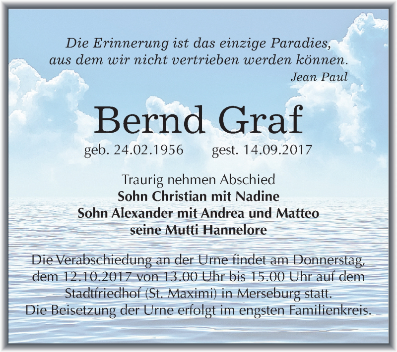  Traueranzeige für Bernd Graf vom 07.10.2017 aus Mitteldeutsche Zeitung