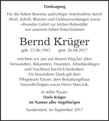 Traueranzeige von Bernd Krüger von WVG - Wochenspiegel Bitterfeld