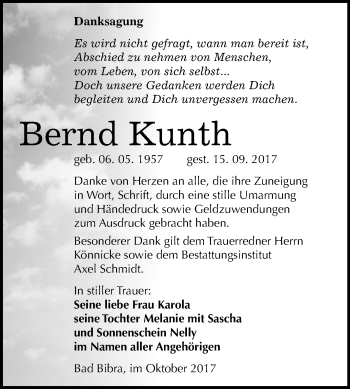 Traueranzeige von Bernd Kunth von Mitteldeutsche Zeitung