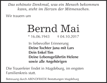 Traueranzeige von Bernd Mai von WVG - Wochenspiegel Bitterfeld