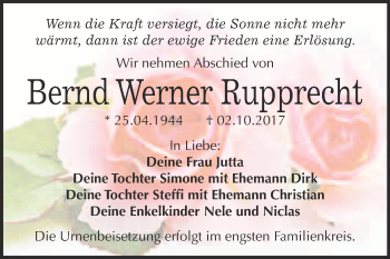 Traueranzeige von Bernd Werner Rupprecht von WVG - Wochenspiegel Bitterfeld