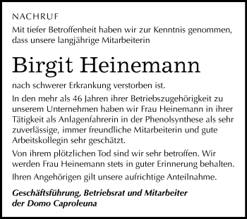 Traueranzeige von Birgit Heinemann von Mitteldeutsche Zeitung Merseburg/Querfurt