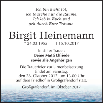Traueranzeige von Birgit Heinemann von WVG - Wochenspiegel Merseburg