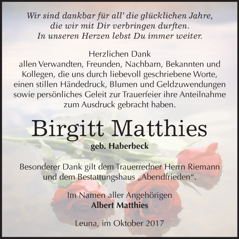  Traueranzeige für Birgitt Matthies vom 14.10.2017 aus Mitteldeutsche Zeitung
