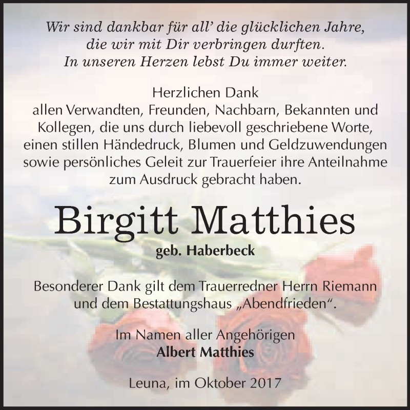  Traueranzeige für Birgitt Matthies vom 14.10.2017 aus WVG - Wochenspiegel Merseburg