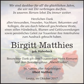 Traueranzeige von Birgitt Matthies von WVG - Wochenspiegel Merseburg