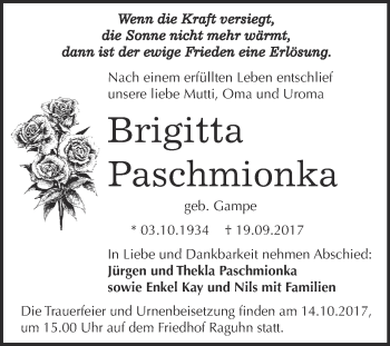 Traueranzeige von Brigitta Paschmionka von WVG - Wochenspiegel Dessau / Köthen