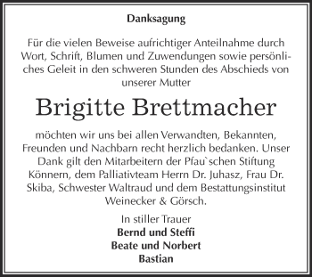 Traueranzeige von Brigitte Brettmacher von Super Sonntag Bernburg