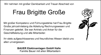 Traueranzeige von Brigitte Große von Mitteldeutsche Zeitung Halle/Saalkreis