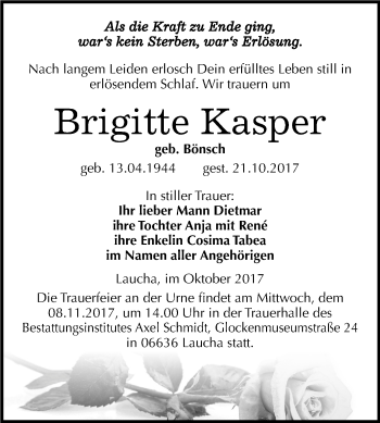Traueranzeige von Brigitte Kasper von Mitteldeutsche Zeitung