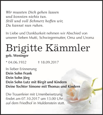 Traueranzeige von Brigitte Kämmler von WVG - Wochenspiegel Bitterfeld
