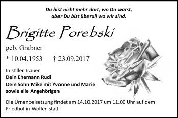 Traueranzeige von Brigitte Porebski von WVG - Wochenspiegel Bitterfeld