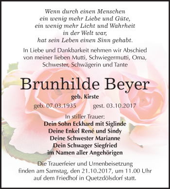 Traueranzeige von Brunhilde Beyer von Mitteldeutsche Zeitung Bitterfeld