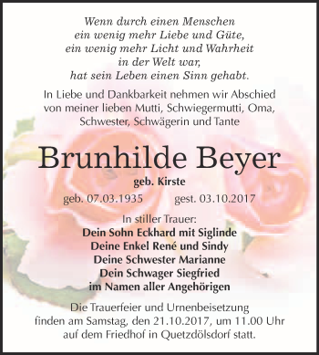 Traueranzeige von Brunhilde Beyer von WVG - Wochenspiegel Bitterfeld