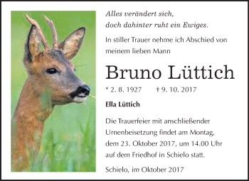 Traueranzeige von Bruno Lüttich von WVG - Wochenspiegel Quedlinburg