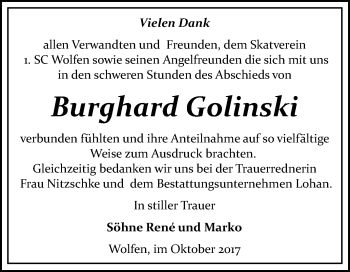 Traueranzeige von Burghard Golinski von WVG - Wochenspiegel Bitterfeld