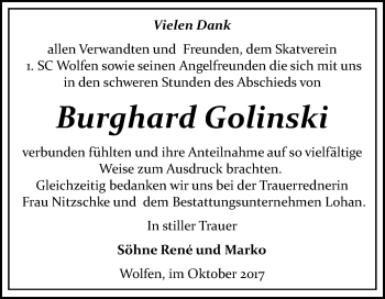 Traueranzeige von Burghard Golinski von Mitteldeutsche Zeitung Bitterfeld