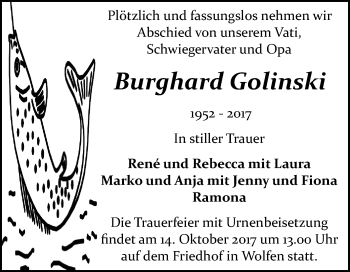 Traueranzeige von Burghard Golinski von WVG - Wochenspiegel Bitterfeld