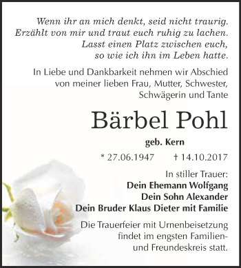 Traueranzeige von Bärbel Pohl von WVG - Wochenspiegel Bitterfeld