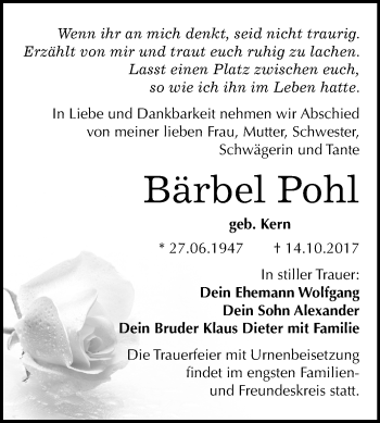 Traueranzeige von Bärbel Pohl von Mitteldeutsche Zeitung Bitterfeld