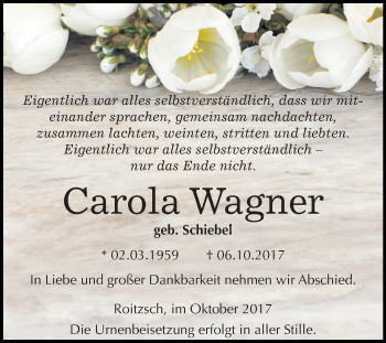 Traueranzeige von Carola Wagner von Mitteldeutsche Zeitung Bitterfeld
