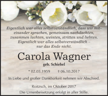 Traueranzeige von Carola Wagner von WVG - Wochenspiegel Bitterfeld