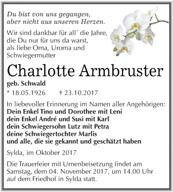 Traueranzeige von Charlotte Armbruster von Super Sonntag SGH Mansf. Land