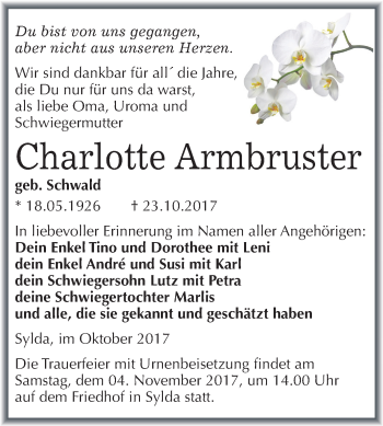 Traueranzeige von Charlotte Armbruster von Mitteldeutsche Zeitung