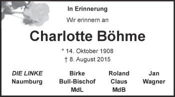 Traueranzeige von Charlotte Böhme von WVG - Wochenspiegel NMB / WSF / ZTZ