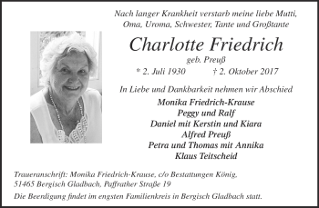 Traueranzeige von Charlotte Friedrich von WVG - Wochenspiegel Dessau / Köthen
