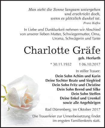 Traueranzeige von Charlotte Gräfe von Mitteldeutsche Zeitung Merseburg/Querfurt