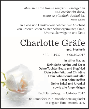 Traueranzeige von Charlotte Gräfe von Super Sonntag Merseburg