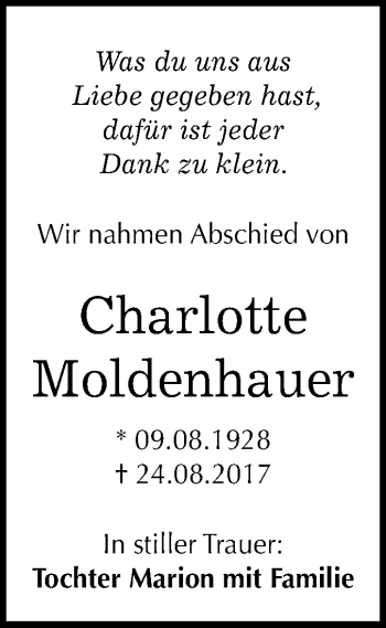 Traueranzeige von Charlotte Moldenhauer von Mitteldeutsche Zeitung