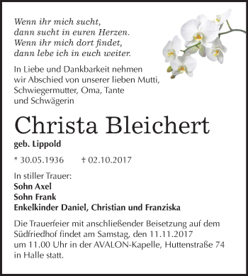 Traueranzeige von Christa Bleichert von Mitteldeutsche Zeitung Halle/Saalkreis