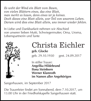 Traueranzeige von Christa Eichler von WVG - Wochenspiegel SGH