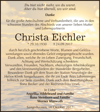 Traueranzeige von Christa Eichler von WVG - Wochenspiegel SGH
