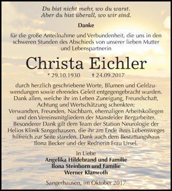 Traueranzeige von Christa Eichler von Mitteldeutsche Zeitung Sangerhausen