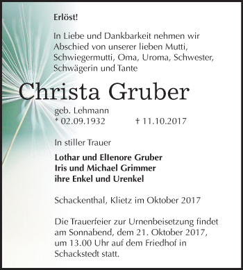 Traueranzeige von Christa Gruber von Mitteldeutsche Zeitung Bernburg