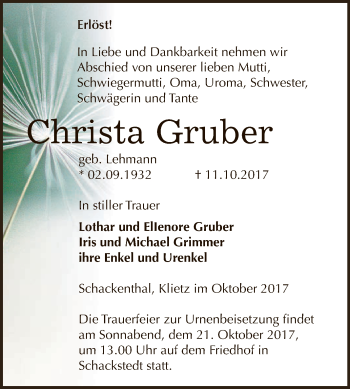 Traueranzeige von Christa Gruber von Super Sonntag Bernburg