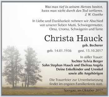 Traueranzeige von Christa Hauck von Mitteldeutsche Zeitung