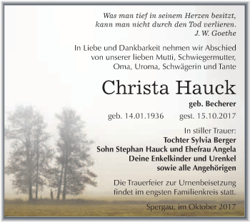 Traueranzeige von Christa Hauck von WVG - Wochenspiegel Merseburg