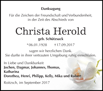 Traueranzeige von Christa Herold von Mitteldeutsche Zeitung Bitterfeld