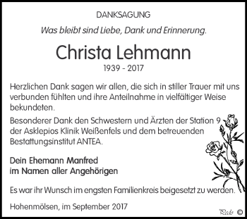 Traueranzeige von Christa Lehmann von WVG - Wochenspiegel NMB / WSF / ZTZ