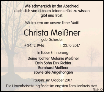 Traueranzeige von Christa Meißner von Super Sonntag Zeitz
