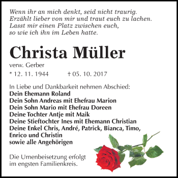 Traueranzeige von Christa Müller von Mitteldeutsche Zeitung Bitterfeld
